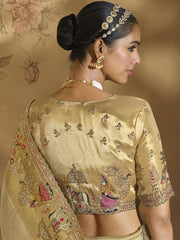 Beige Golden Handwork Embroidery Saree