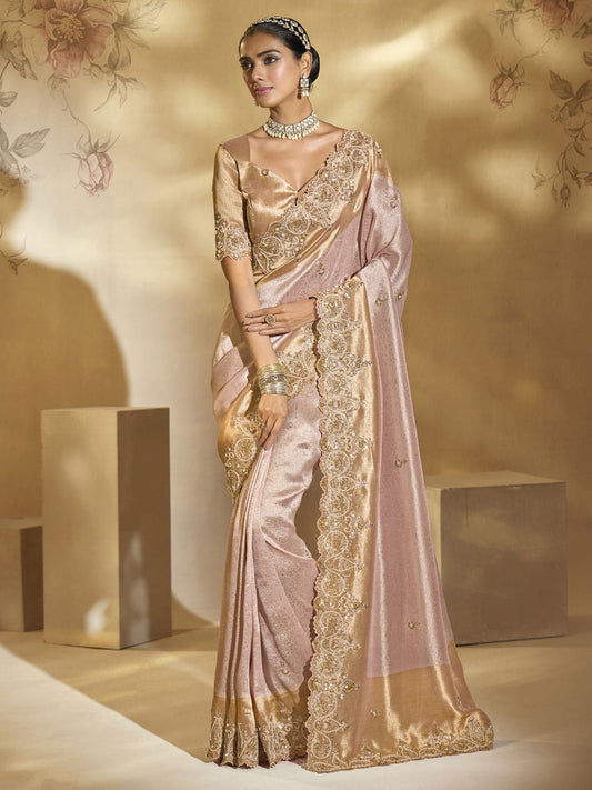 Pink Golden Handwork Embroidery Saree