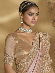 Pink Golden Handwork Embroidery Saree