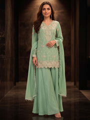 Green Color Chinnon Silk Palazzo Style Dress