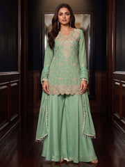 Green Color Chinnon Silk Palazzo Style Dress