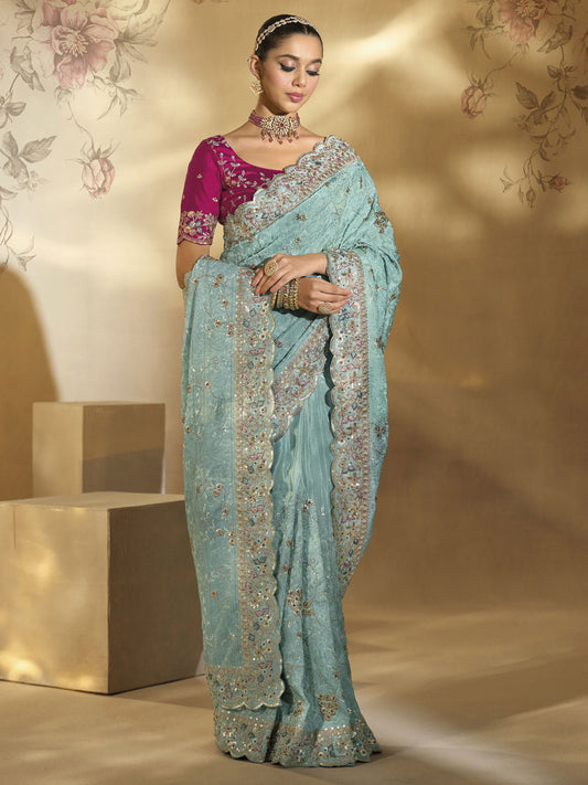 Sky Blue And Magenta Handwork Embroidery Saree