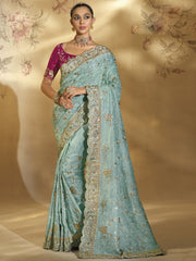 Sky Blue And Magenta Handwork Embroidery Saree
