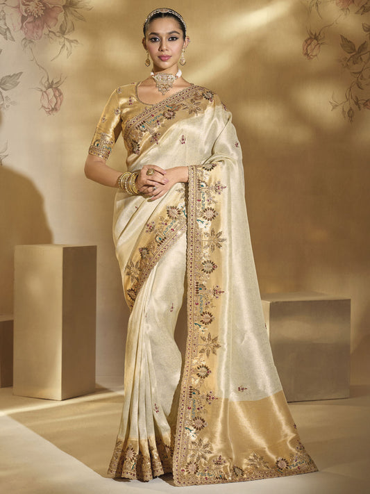 Ivory And Gold Handwork Embroidery Saree