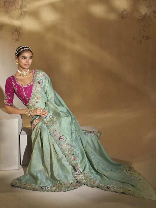 Sea Green And Magenta Handwork Embroidery Saree