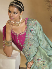 Sea Green And Magenta Handwork Embroidery Saree
