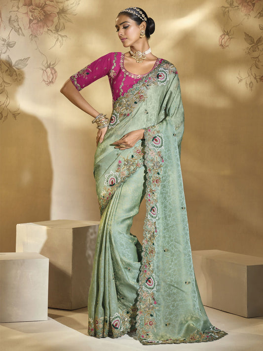 Sea Green And Magenta Handwork Embroidery Saree