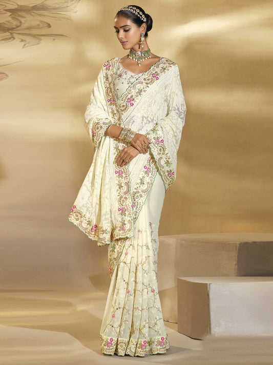 Off White Handwork Embroidery Saree
