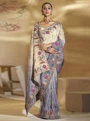 Cream Purple Ombr‚ Handwork Embroidery Saree