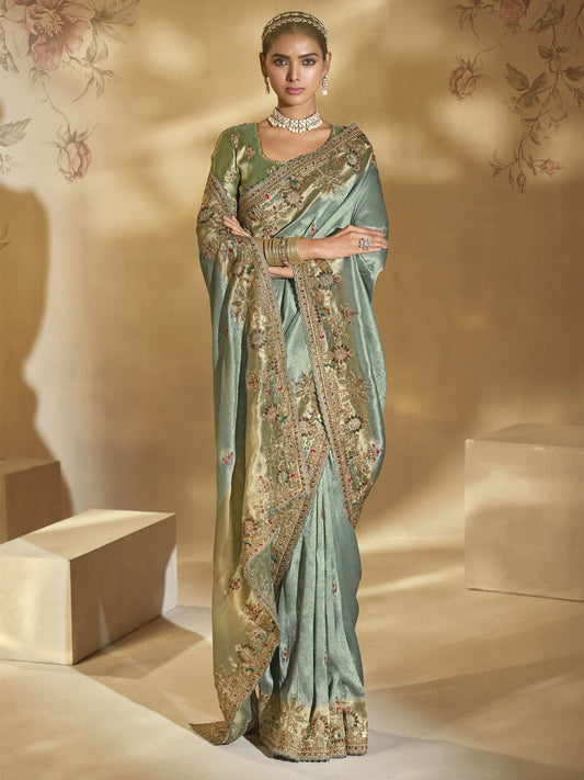 Teal And Green Handwork Embroidery Saree