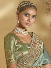 Teal And Green Handwork Embroidery Saree