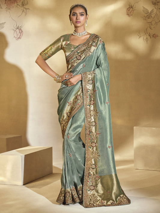 Teal And Green Handwork Embroidery Saree