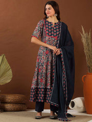 Women Navy Blue Paisley Printed Regular Gotta Patti Kurta with Trousers & With Dupatta