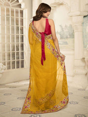 Mustard And Pink Embroidered Net Saree