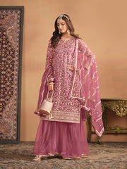 Pink Zari Embroidery Net Gharara Suit