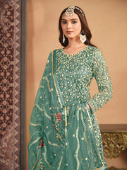 Sea Green Zari Embroidery Net Gharara Suit