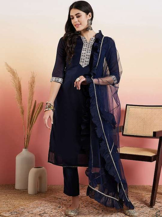Navy Blue Ethnic Motifs Yoke Design Chanderi Cotton Kurta With Trousers & Dupatta