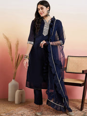 Navy Blue Ethnic Motifs Yoke Design Chanderi Cotton Kurta With Trousers & Dupatta