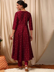 Maroon Ethnic Motifs Printed Tie-Up Neck Anarkali Kurta