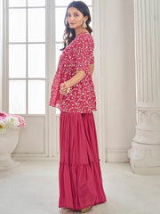 Peach Floral Embroidered Pleated Thread Work Kurta With Sharara