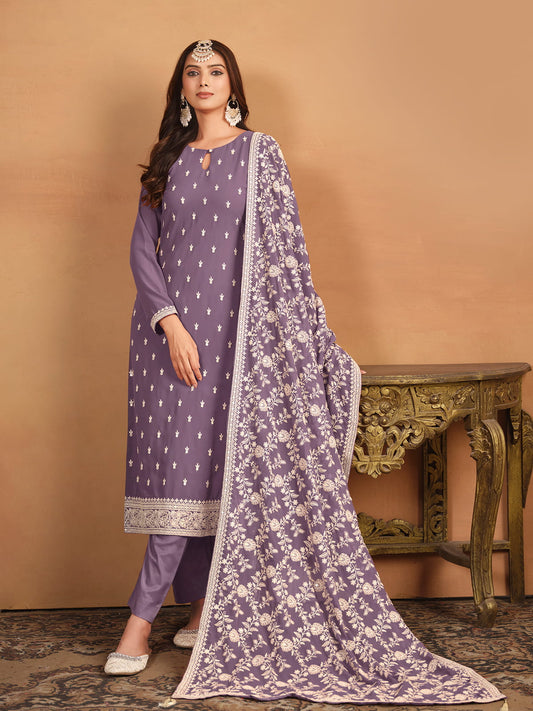 Lilac Thread And Sequence Embroidery Pant Style Salwar Suit