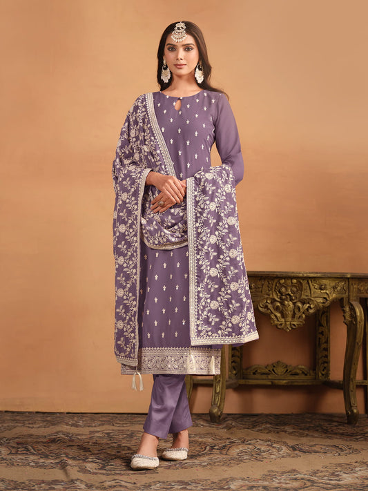 Lilac Thread And Sequence Embroidery Pant Style Salwar Suit