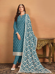 Turquoise Thread And Sequence Embroidery Pant Style Salwar Suit