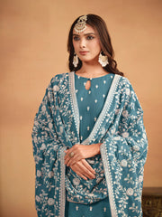 Turquoise Thread And Sequence Embroidery Pant Style Salwar Suit