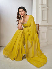 Mustard Embellished Mirror Work Saree