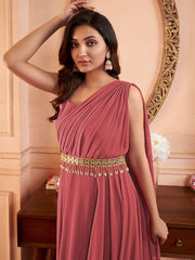 Peach Sleeveless Maxi Ethnic Dress With Embellished Belt
