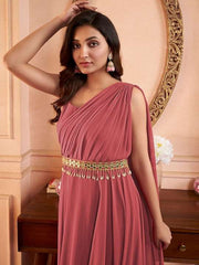 Peach Sleeveless Maxi Ethnic Dress With Embellished Belt