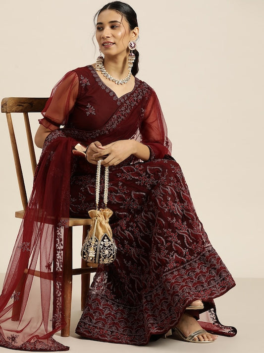 Maroon Embroidered Beads and Stones Semi-Stitched Lehenga & Unstitched Blouse With Dupatta