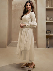 Amyra Dastur Off white Sequinned Embroidered Empire Thread Work Anarkali Kurta with Trousers & Dupatta
