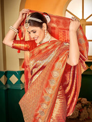 Women Orange Soft Silk Zari Woven Traditional Saree with Swaroski Diamonds
