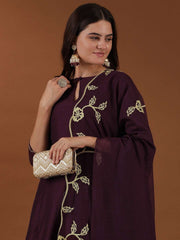 Mauve Floral Thread Embroidered Straight Kurta With Trouser & Dupatta