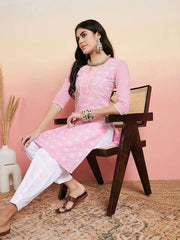 Pink & White Floral Embroidered Straight Kurta & Dhoti Pant