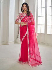 Magenta Floral Embroidered Net Saree