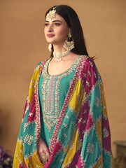 Turquoise Embroidered Partywear Straight-Cut-Suit