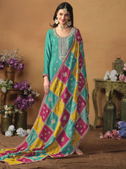 Turquoise Embroidered Partywear Straight-Cut-Suit