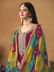 Magenta Embroidered Festive-Wear Straight-Cut-Suit