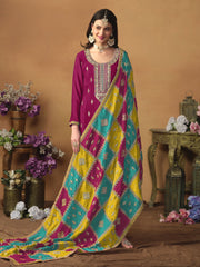 Magenta Embroidered Festive-Wear Straight-Cut-Suit