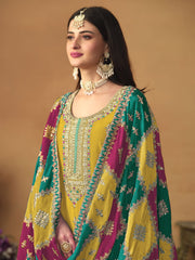 Yellow Embroidered Partywear Straight-Cut-Suit