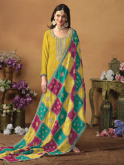 Yellow Embroidered Partywear Straight-Cut-Suit