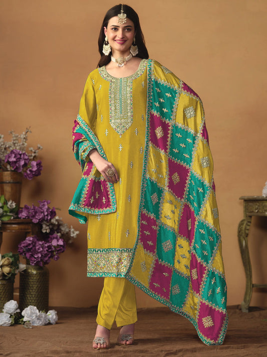 Yellow Embroidered Partywear Straight-Cut-Suit