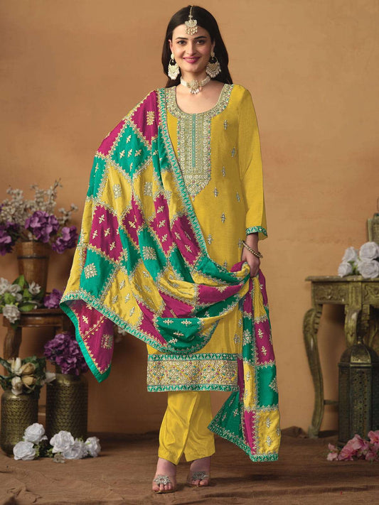 Yellow Embroidered Partywear Straight-Cut-Suit