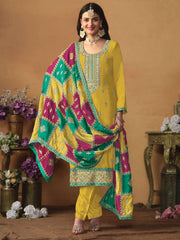 Yellow Embroidered Partywear Straight-Cut-Suit