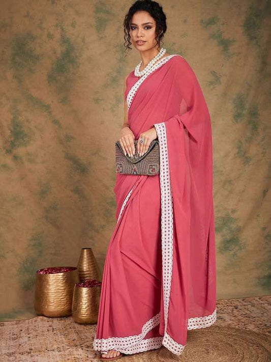 Pink Lace Bordered Saree