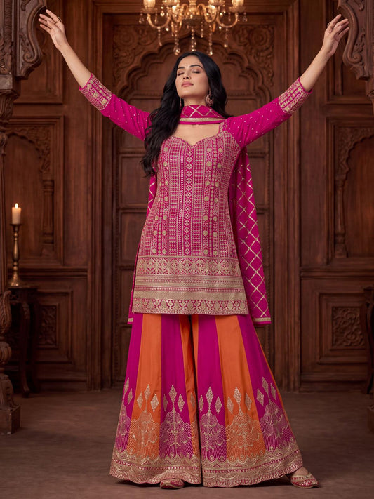 Magenta And Orange Zari Embroidered Sharara Suit