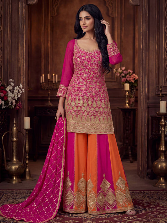 Magenta And Orange Zari Embroidered Sharara Suit