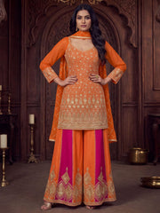Orange And Magenta Zari Embroidered Sharara Suit
